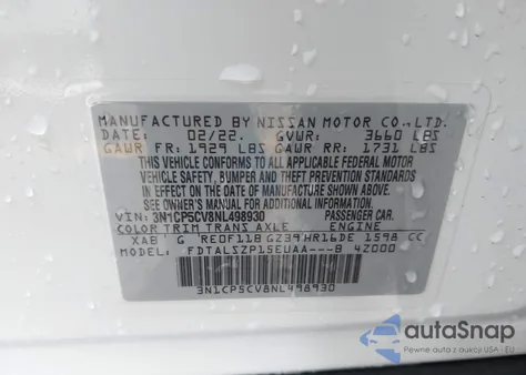 2022 Nissan Kicks Sv Xtronic Cvt из США, поврежденный, VIN 3N1CP5CV8NL498930